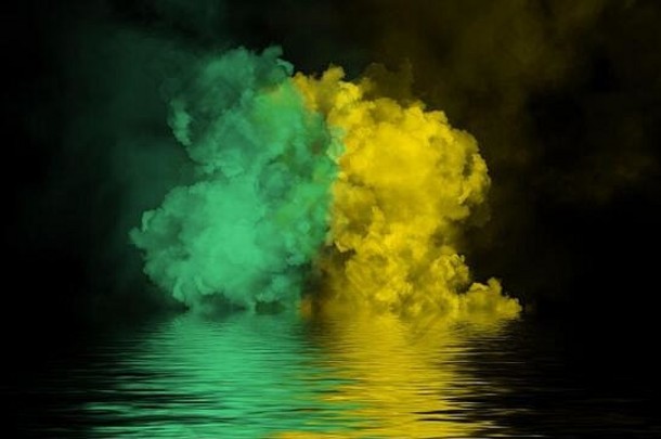 爆炸颜色绿色黄色的烟反射水孤立的黑色的背景