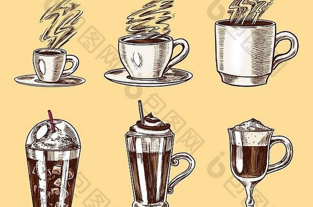 一套复古风格的咖啡。带走卡布奇诺和糖霜，浓缩咖啡和拿铁，摩卡咖啡和美式咖啡，用玻璃杯盛上frappe。手绘