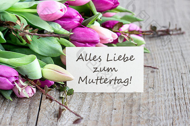 用粉色和紫色郁金香、心形和德文祝福母亲节：母亲节快乐