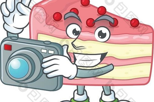 草莓蛋糕摄影师吉祥物设计理念使用昂贵的相机