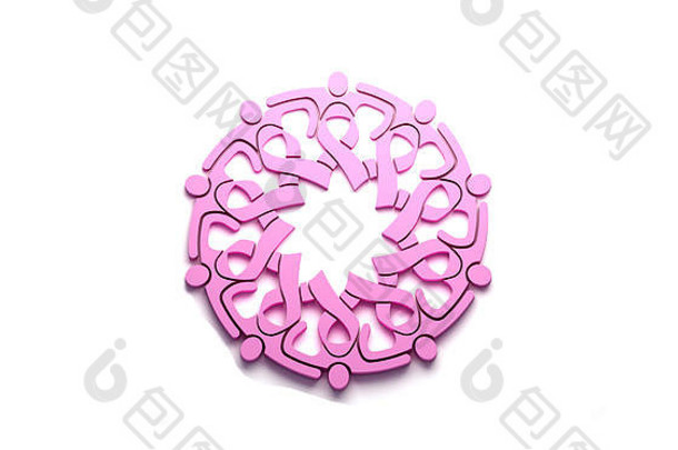 乳腺癌妇女宣传小组粉红丝带。三维渲染插图功能区分组在一个圆圈中