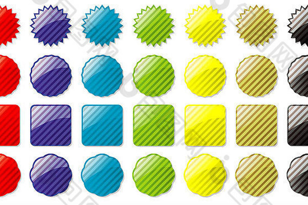 七种不同颜色按钮的集合，所有按钮均带有条纹图案