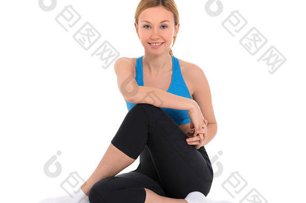 健身图片女孩锻炼瑜伽构成白色背景
