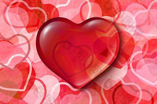 抽象背景上的情人节爱心，粉色和红色设计，以3D插图元素表现浪漫的节日图案。