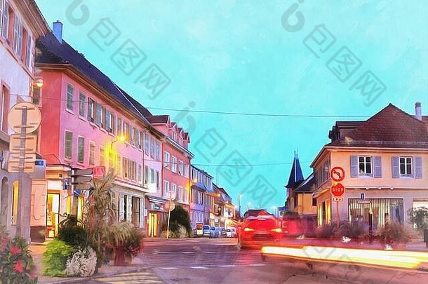 欧洲小镇的老街彩色油画看起来像一幅画，法国