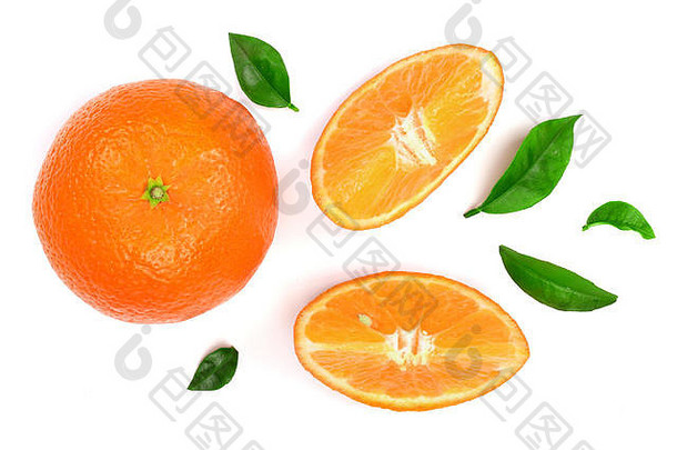 叶子孤立在白色背景上的桔子或橘子。平面布置，俯视图。水果成分。