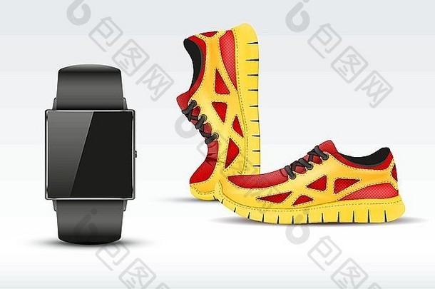 运动数码智能手表和运动鞋。