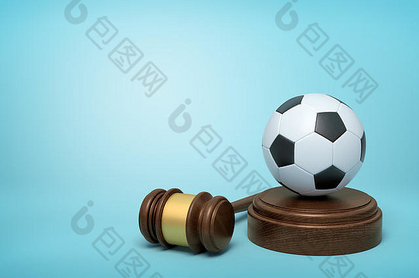 在浅蓝色背景上，法官木槌躺在探空台上，足球的3d渲染。