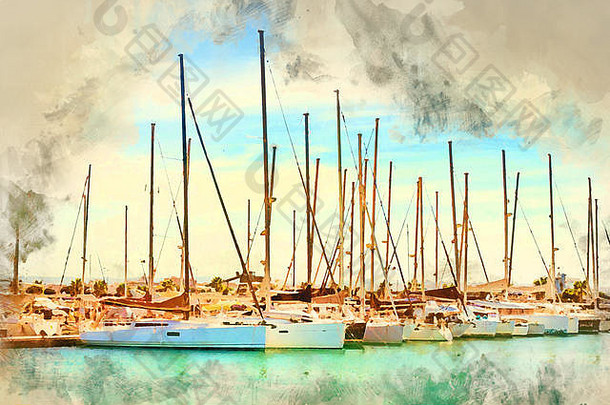 游艇船停码头玛丽娜Torrevieja湾皮尔斯中心度假胜地小镇瓦伦西亚西班牙数字水彩绘画
