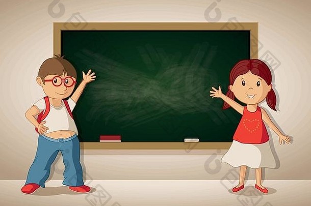 小男孩和小女孩在教室里展示黑板。学生们正在展示空黑板。