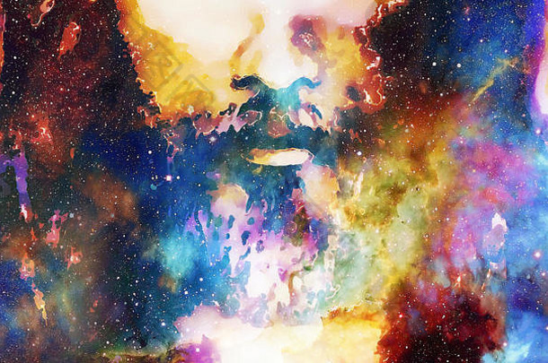宇宙空间中耶稣脸的细节。电脑拼贴版。