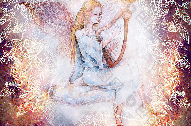 美丽的温柔的天使玩竖琴坐着云拼贴画叶饰品