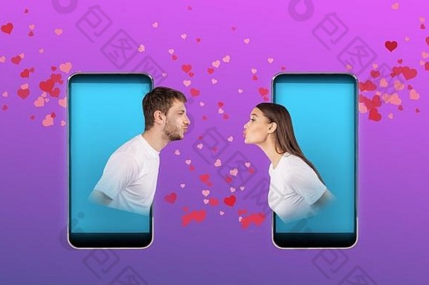 年轻的夫妇接吻聪明的手机有创意的拼贴画