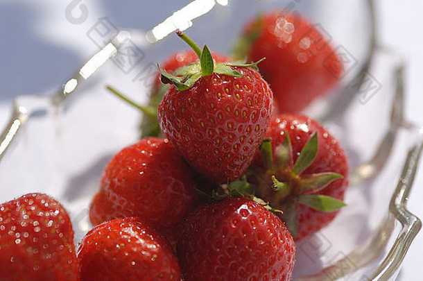 夏季水果-草莓在一个盘子里，在阳光明媚的环境中