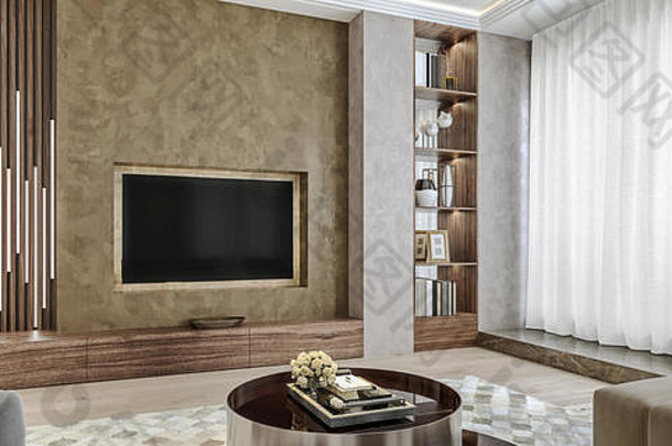 客厅的现代室内设计，带书架的电视墙的角度特写视图，灰泥，木地板，3d渲染