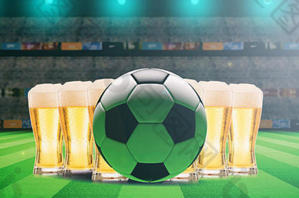 足球上的啤酒杯，足球场背景。三维插图