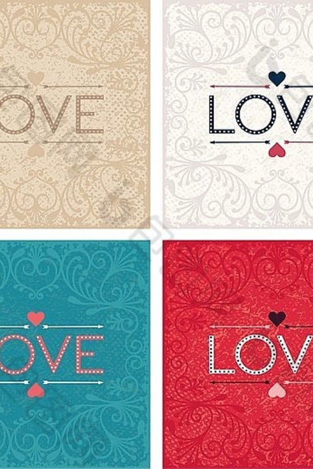 四张复古明信片，纹理背景上印有“爱”字样