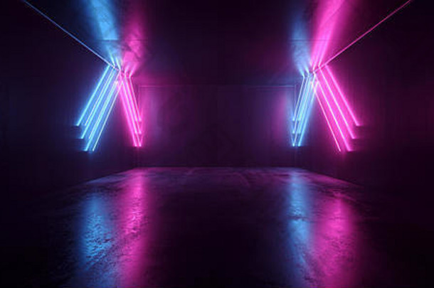 霓虹灯发光的等离子体复古的网络虚拟紫色的蓝色的发光的荧光管灯摘要难看的东西混凝土隧道房间sci未来主义的阶段empt