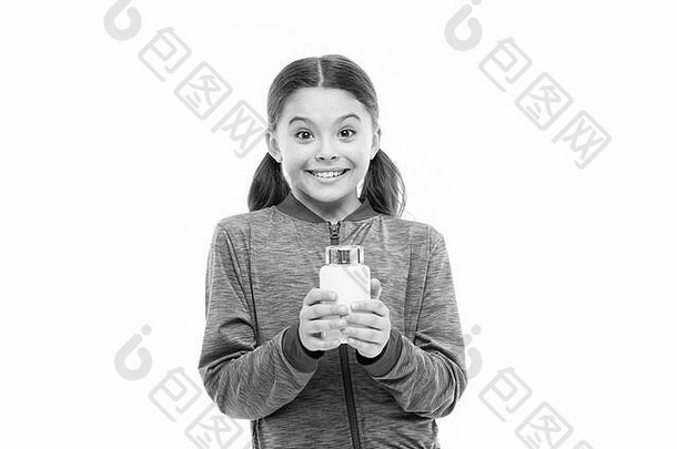 小孩子孤立的白色<strong>药</strong>片健康的增长早期物理发展食物添加剂复杂的健康的运动孩子维生素Jar女孩快乐微笑维生素正确