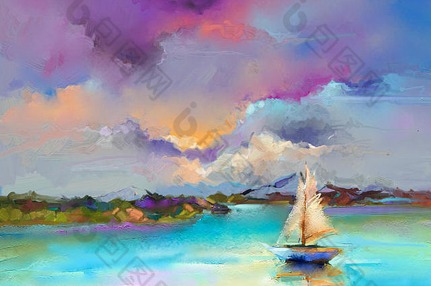 画布纹理上的彩色油画。以阳光为背景的海景画的印象派形象。现代<strong>艺术油画</strong>与船