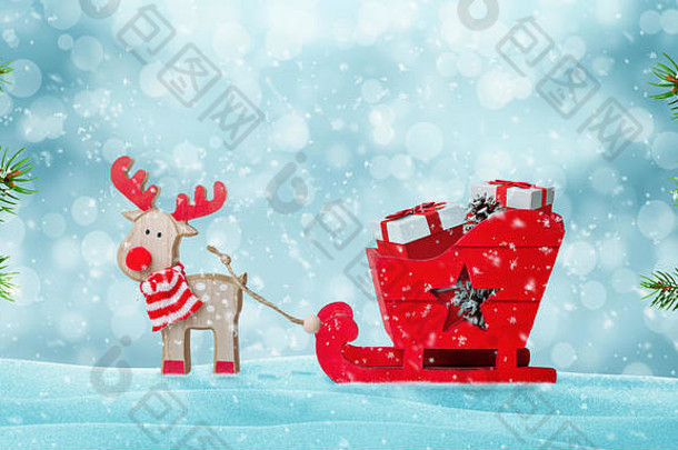 圣诞老人的雪橇完整的礼物雪鹿拉雪橇可爱的木玩具圣诞节树复制空间