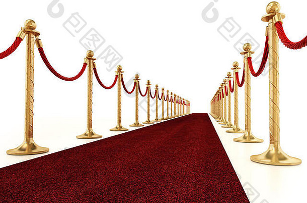 红<strong>地毯</strong>上有天鹅绒的绳子和金色的栅栏。三维插图。