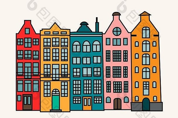荷兰阿姆斯特丹，一套彩色的旧手绘欧洲多层建筑