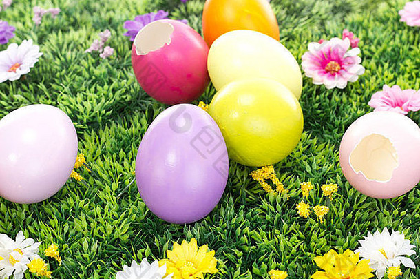 在盛开的草地上放着一些五颜六色的<strong>复活节</strong>彩蛋