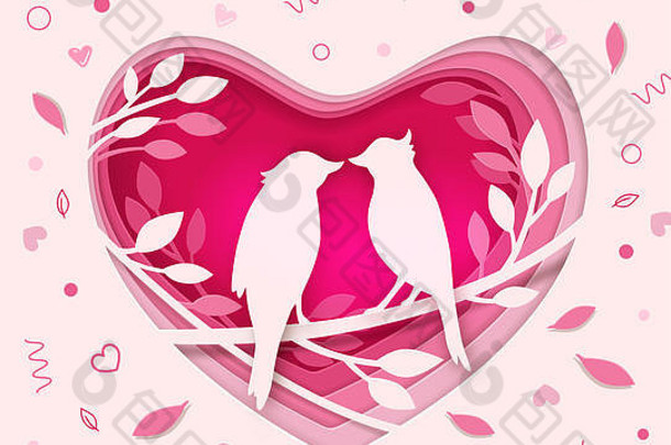 从纸上剪下粉红色的心，树枝上有两只鸟。浪漫情人节剪纸背景。节日贺卡