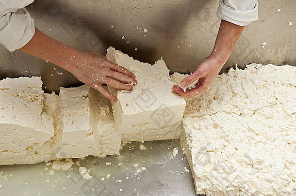 堆放滤过的凝乳-手工制作奶酪生产过程的一部分