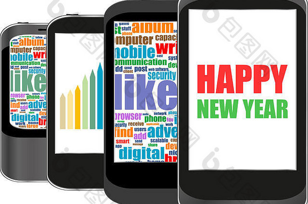屏幕上显示新年祝福、节日卡的智能手机