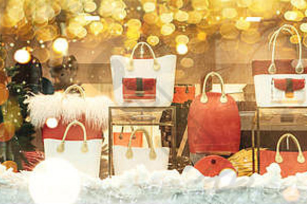 商店窗口装饰圣诞节风格圣诞节一年销售手袋项目出售商店