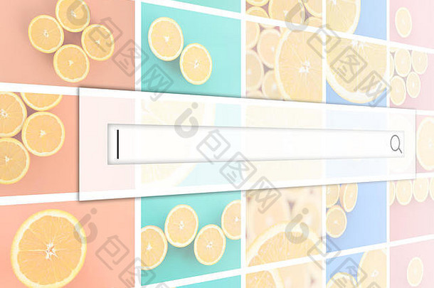 将搜索栏可视化到许多带有多汁橙子的图片拼贴的背景上。在不同背景上带有水果的图像集