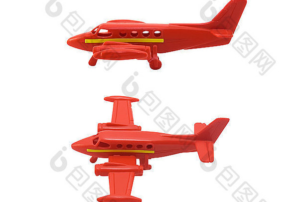 孤立的<strong>红色飞机</strong>玩具与黄色条纹照片在不同的角度。
