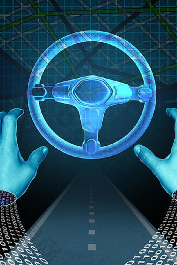 自动驾驶技术概念和无人驾驶汽车符号作为数字驾驶员，在道路上使用二进制代码，手不放在方向盘上