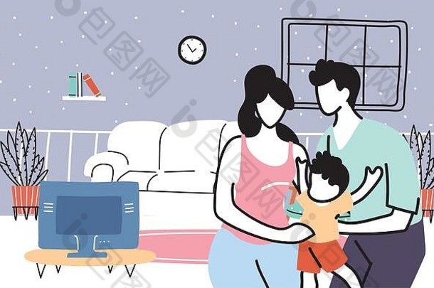 父母和儿子呆在家里，由冠状病毒大流行，横幅载体插图设计