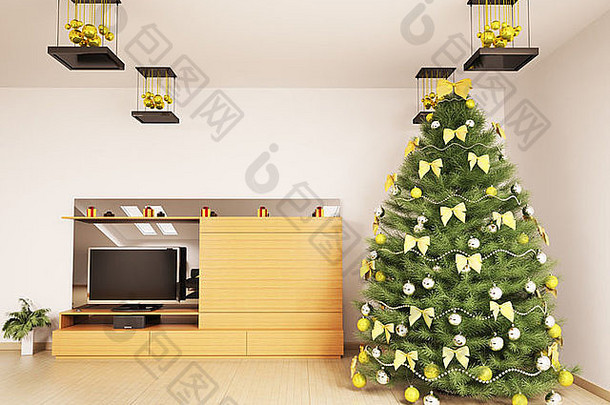 圣诞节冷杉树装饰现代生活房间室内渲染