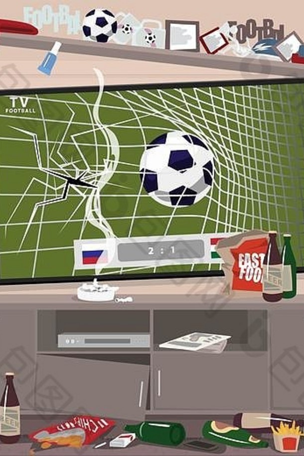 看足球锦标赛后，球迷房间里乱七八糟，电视机坏了