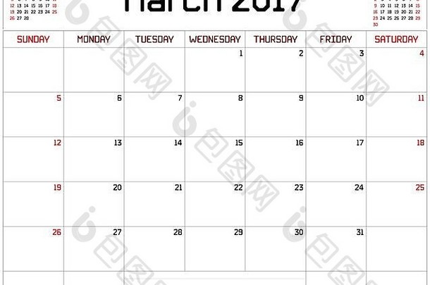 2017年3月的白色月历。使用自定义的直线粗字体。