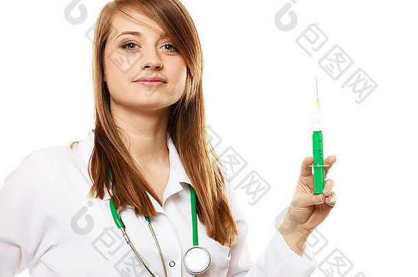 医学穿着实验服的女人的肖像。医生用注射器想做隔离注射，就白了。保健。
