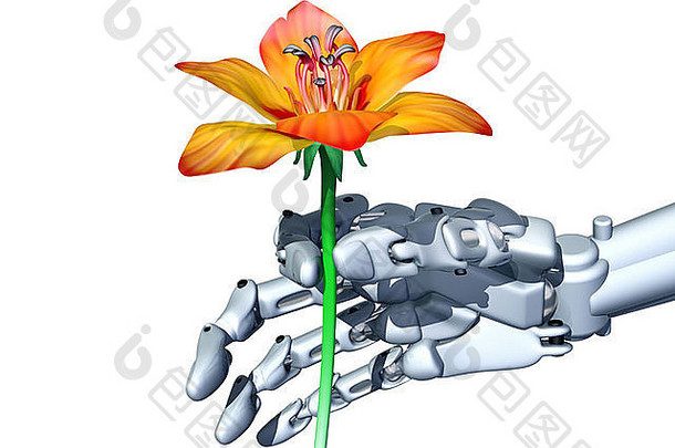一个机器人轻轻地拿着一朵桔子花的插图