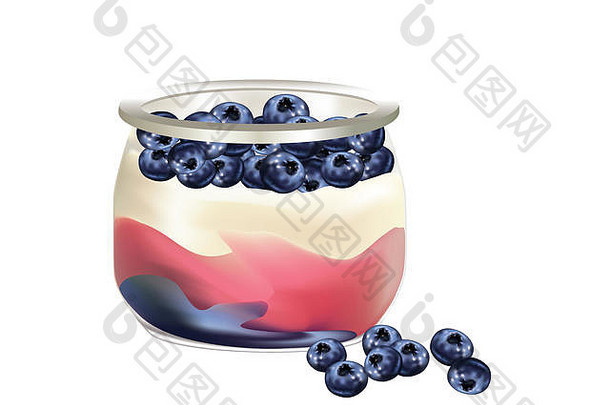 玻璃罐中的蓝莓天然酸奶