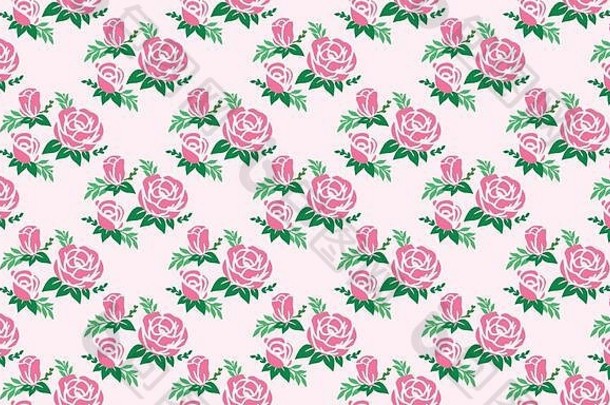 美粉红色的玫瑰花模式背景情人节叶花设计