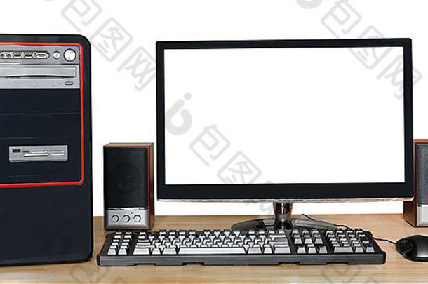 黑色台式电脑、带剪切屏的宽屏显示器、键盘、鼠标、白色隔离木桌上的扬声器