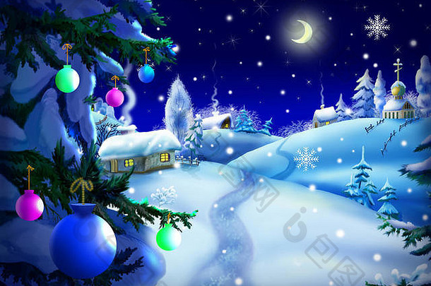 圣诞节一年晚上景观圣诞节树小村美妙的冬天晚上
