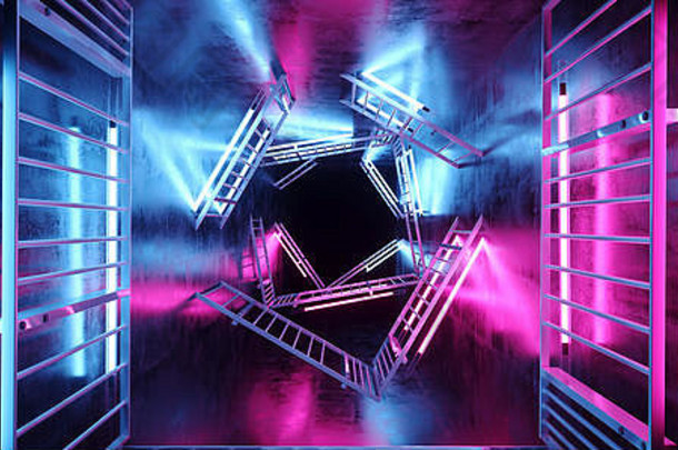 科幻未来主义的外星人充满活力的霓虹灯，在黑暗、空旷的垃圾混凝土隧道走廊3的金属矩形结构上闪烁着紫色和蓝色的筒灯