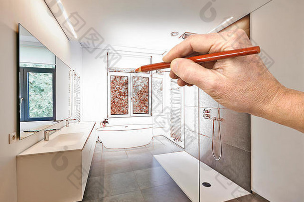 画改造奢侈品现代浴室浴缸可丽耐水龙头淋浴平铺的浴室窗户花园