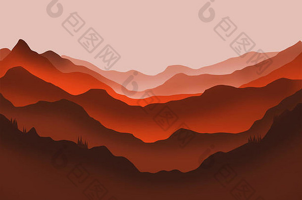 红光中山脉和树木的数字插图