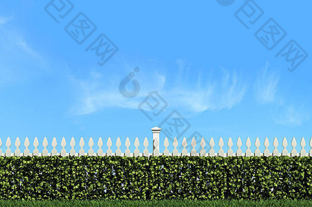晴天蓝天上的白色篱笆和树篱