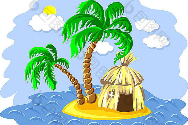 热带景观岛海洋棕榈树小屋